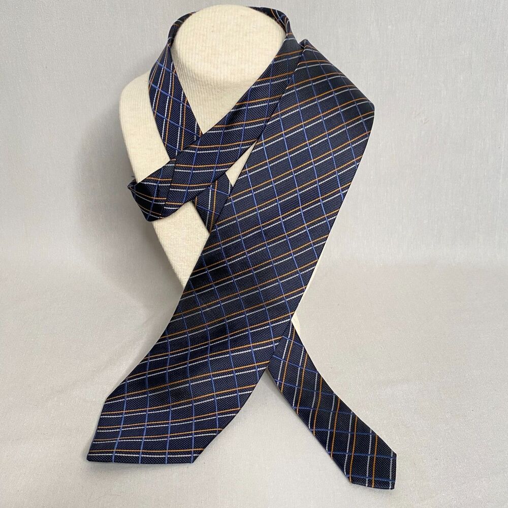 💎Bruno Pirttelli Necktie Pure Silk Navy Orange Silver Plaid Woven Fabric